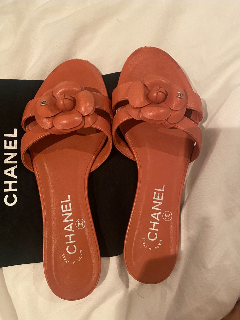 CHANEL Terracotta Camellia Leather Slide Sandals